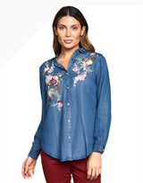 Paparazzi 5505CAT Medium Wash Denim Embroidered Long Sleeve Button Shirt