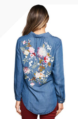 Paparazzi 5505CAT Medium Wash Denim Embroidered Long Sleeve Button Shirt