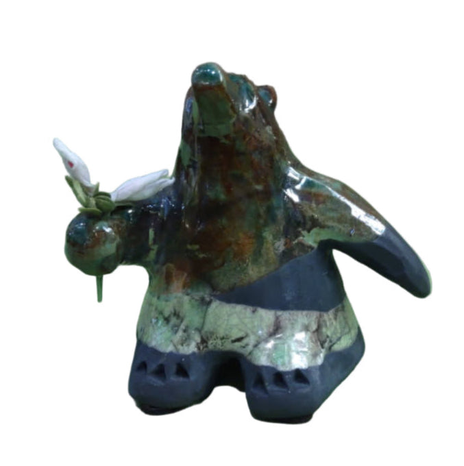 Alan Potter BEARSCGB Small Copper Green Black Bear With Flowers Ceramic Raku Sculpture