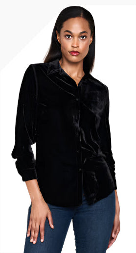 Paparazzi 5710MAT Black Stretch Velvet Nagoya Floral Print Long Sleeve Button Front Blouse