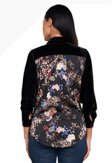 Paparazzi 5710MAT Black Stretch Velvet Nagoya Floral Print Long Sleeve Button Front Blouse