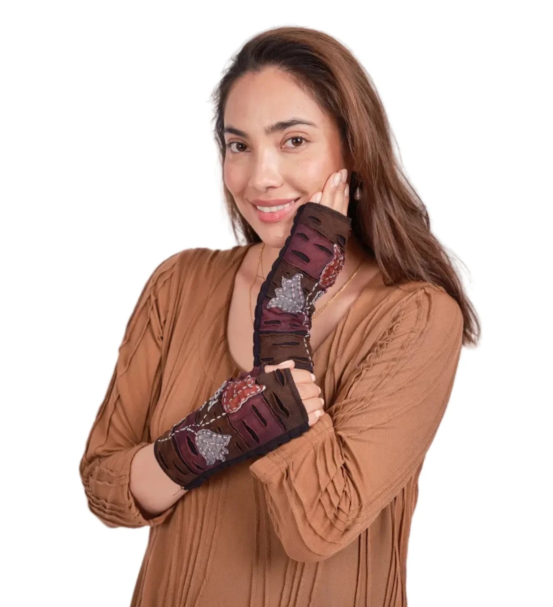 Windhorse Trading 8127BN BROWN Tulip Embroidered Cotton Hand Warmer Fingerless Gloves