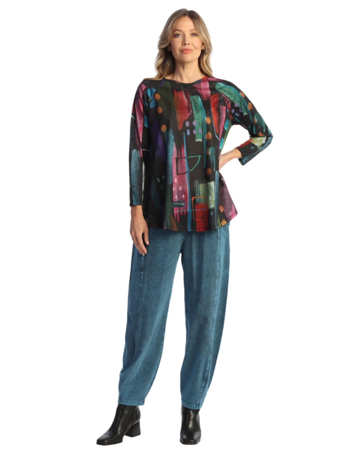 Jess & Jane M100SAP SAPPHIRE Mineral Washed Cotton Spandex Lantern Pants With Pockets