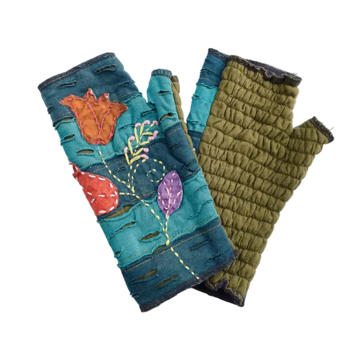 Windhorse Trading 8127GN GREEN Tulip Embroidered Cotton Hand Warmer Fingerless Gloves