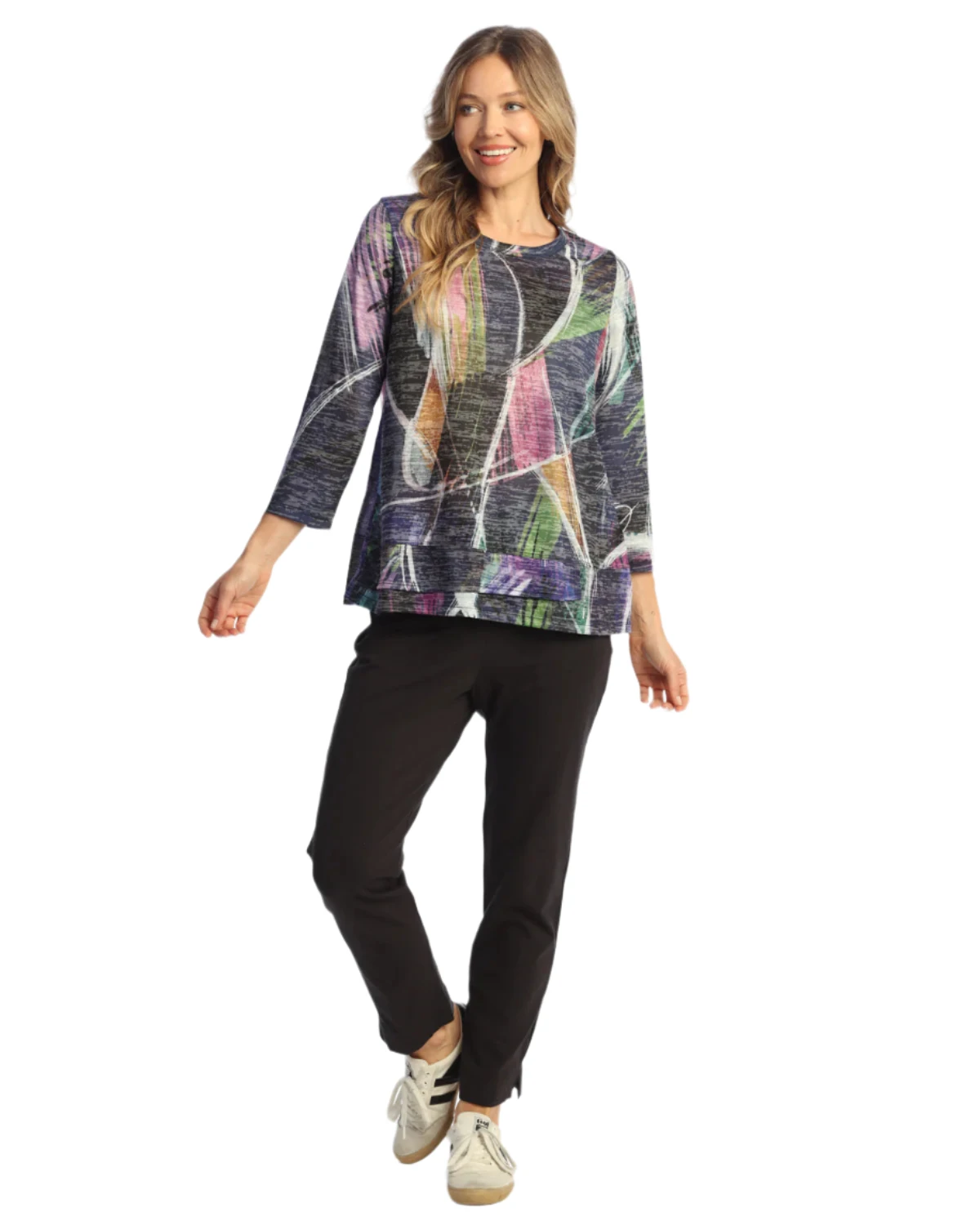 Jess & Jane AJ62121 COMO Burnout Overlap Hem 3/4 Sleeve Top