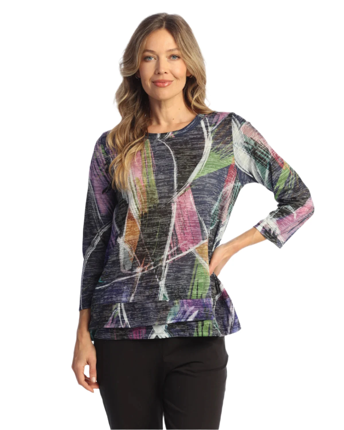 Jess & Jane AJ62121 COMO Burnout Overlap Hem 3/4 Sleeve Top