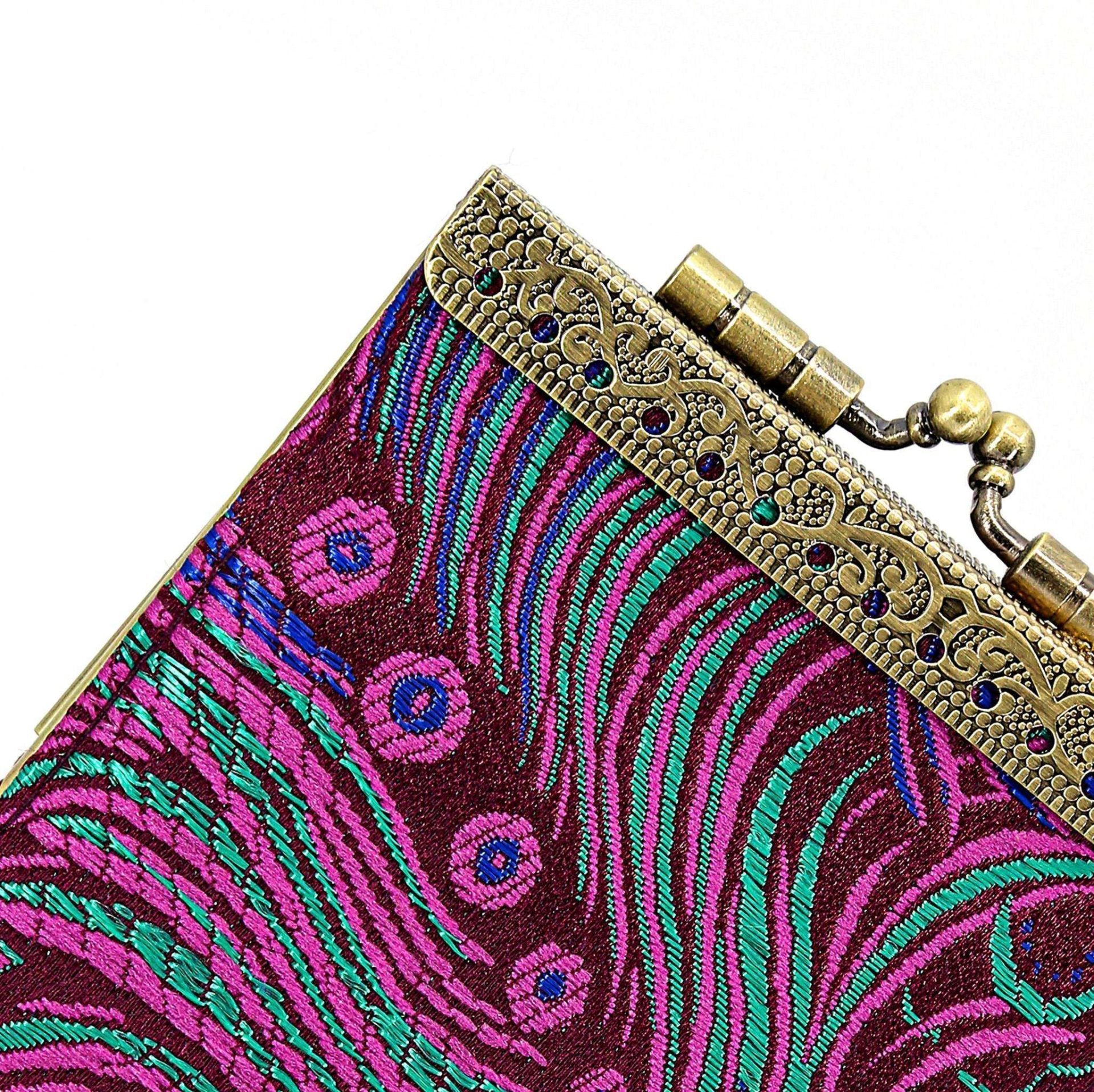 Cathayana CHR-65 Purple and Fuchsia Brocade Peacock RFID Blocking Credit Card Holder/Case/Wallet