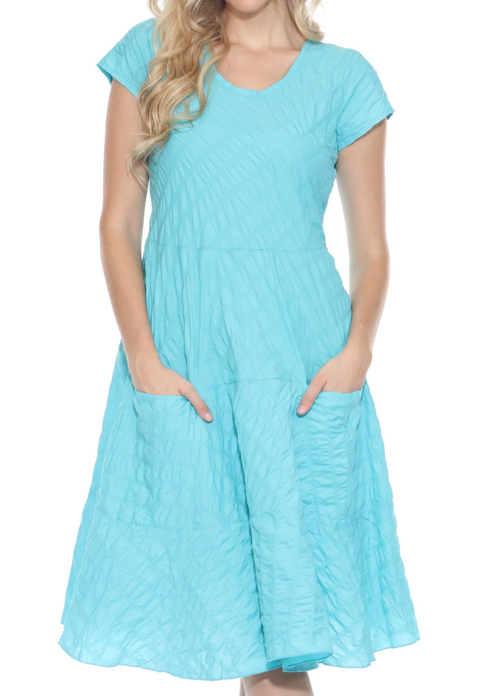Carine CWD15013AQ Aqua Cap Sleeve Puckered 100% Cotton Dress With Pockets
