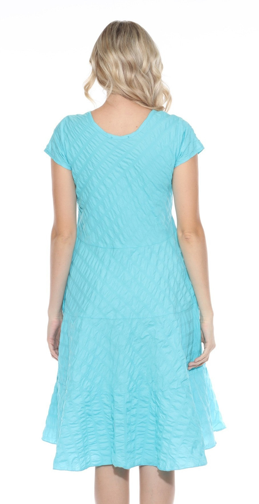 Carine CWD15013AQ Aqua Cap Sleeve Puckered 100% Cotton Dress With Pockets