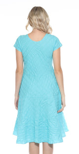 Carine CWD15013AQ Aqua Cap Sleeve Puckered 100% Cotton Dress With Pockets