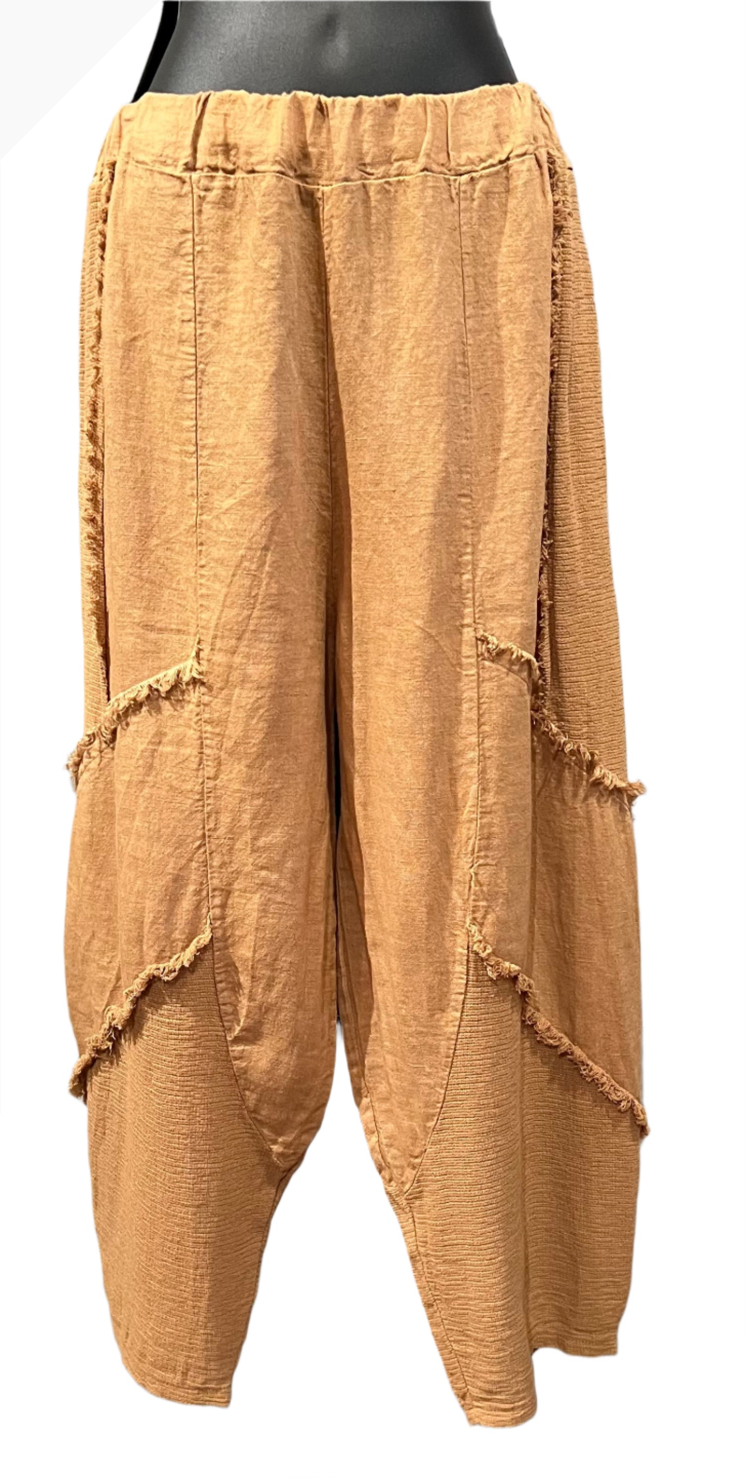 Plum Loco RO2126CA CAMEL One Size Cotton Gauze & Linen Fringe Pant