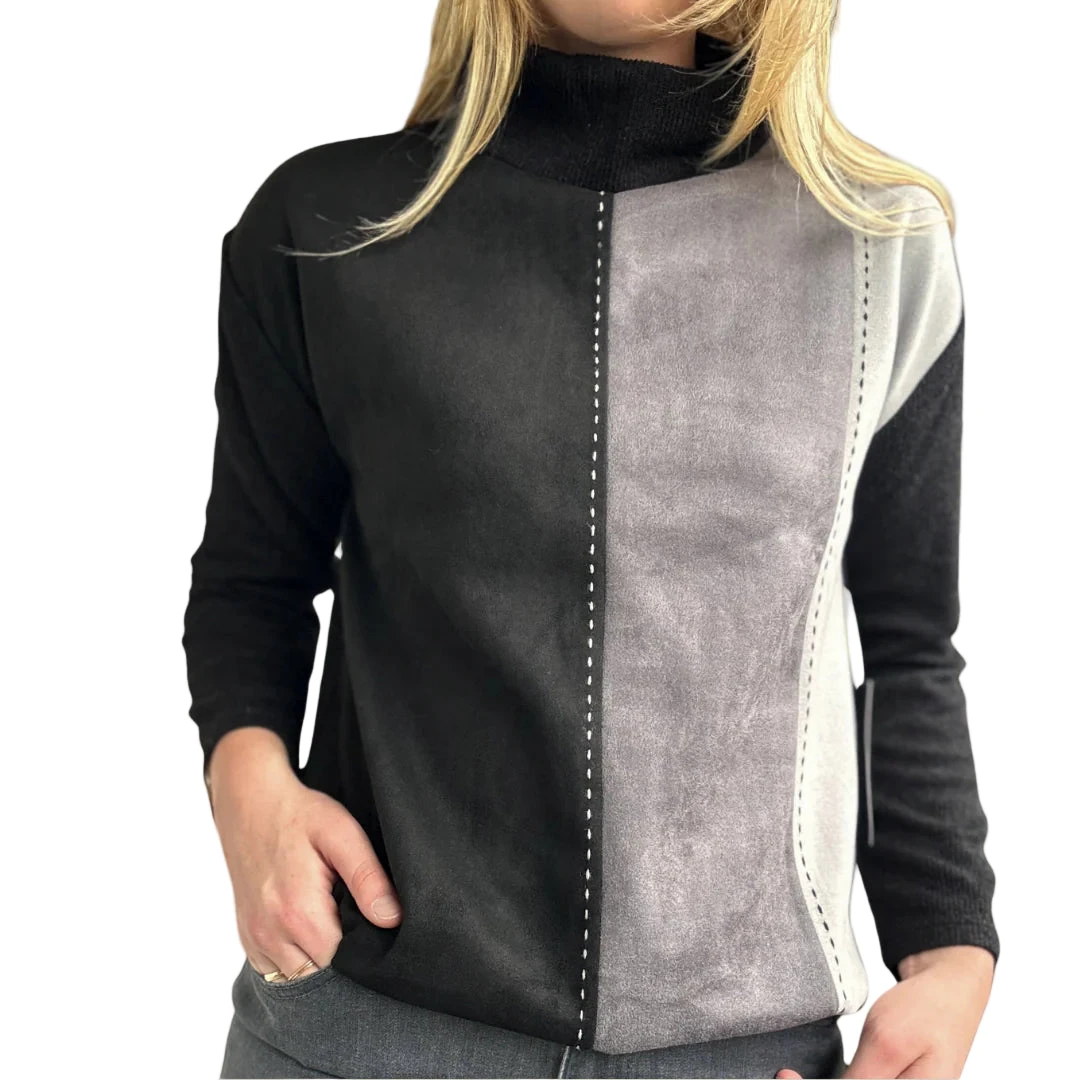 Trisha Tyler TT11956BG Black Grey Long Sleeve Faux Suede Sweater