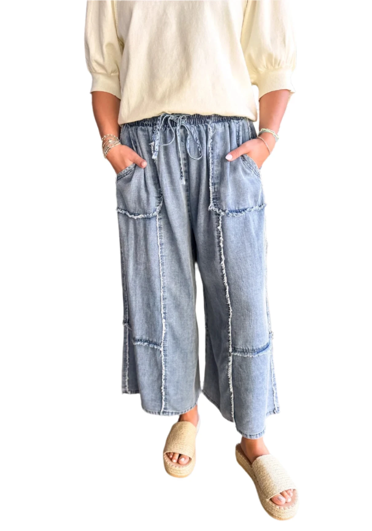 Easel EB90105 Self Fray Washed Denim Chambray Palazzo Pants