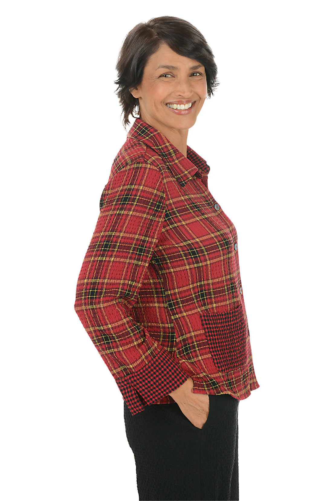 Habitat 40290SC SCARLET Girl Gone Plaid Button Front Mixed Pocket Shirt