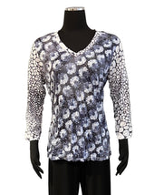 Shana 25603NV Navy and White Floral Mixed Pattern Crinkle Long Sleeve V-Neck Top