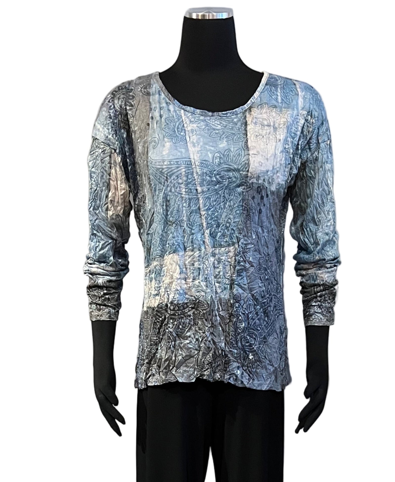 Shana 25601BU Blue Crinkle Button Back Scoop Neck Long Sleeve Top