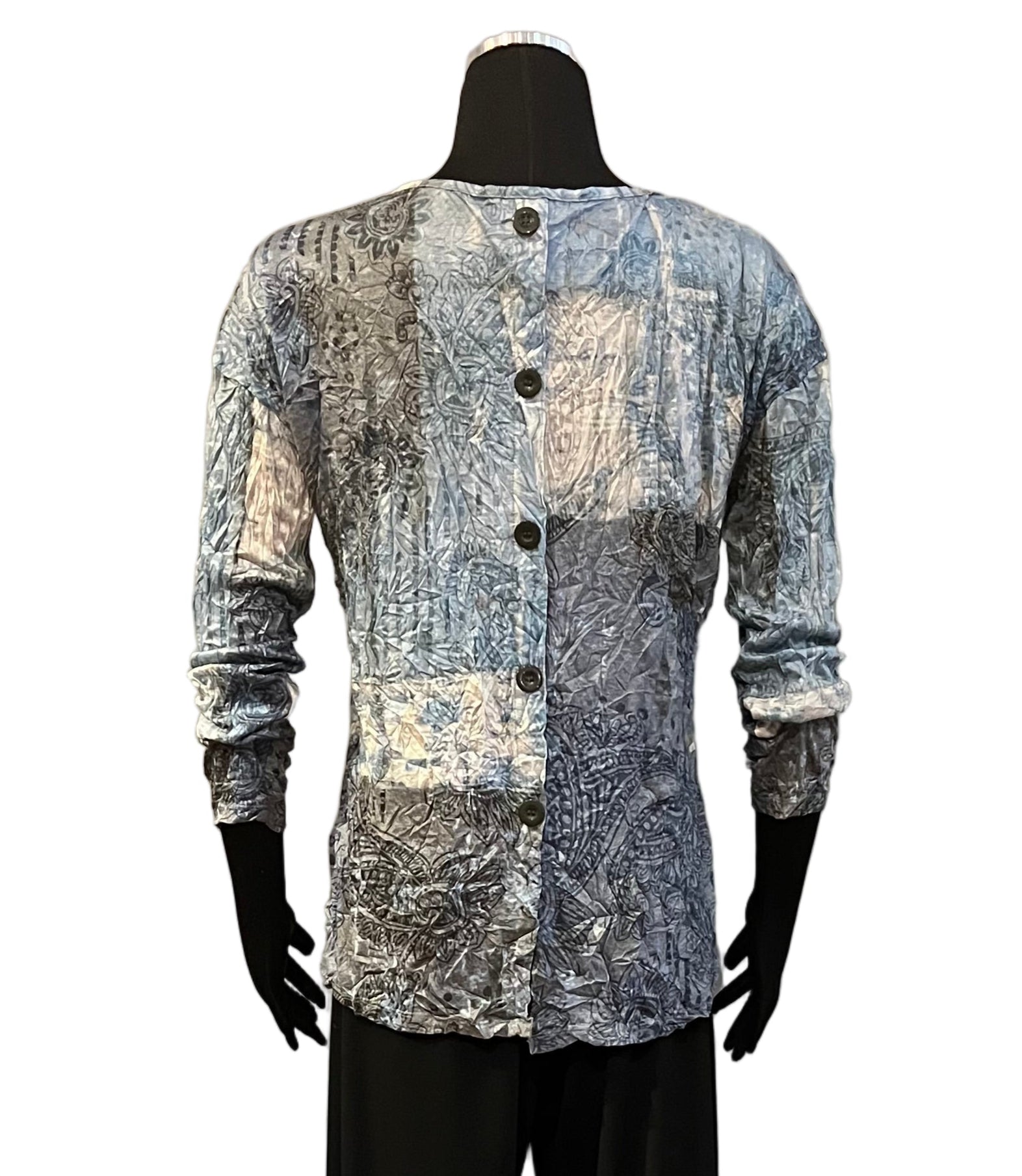 Shana 25601BU Blue Crinkle Button Back Scoop Neck Long Sleeve Top