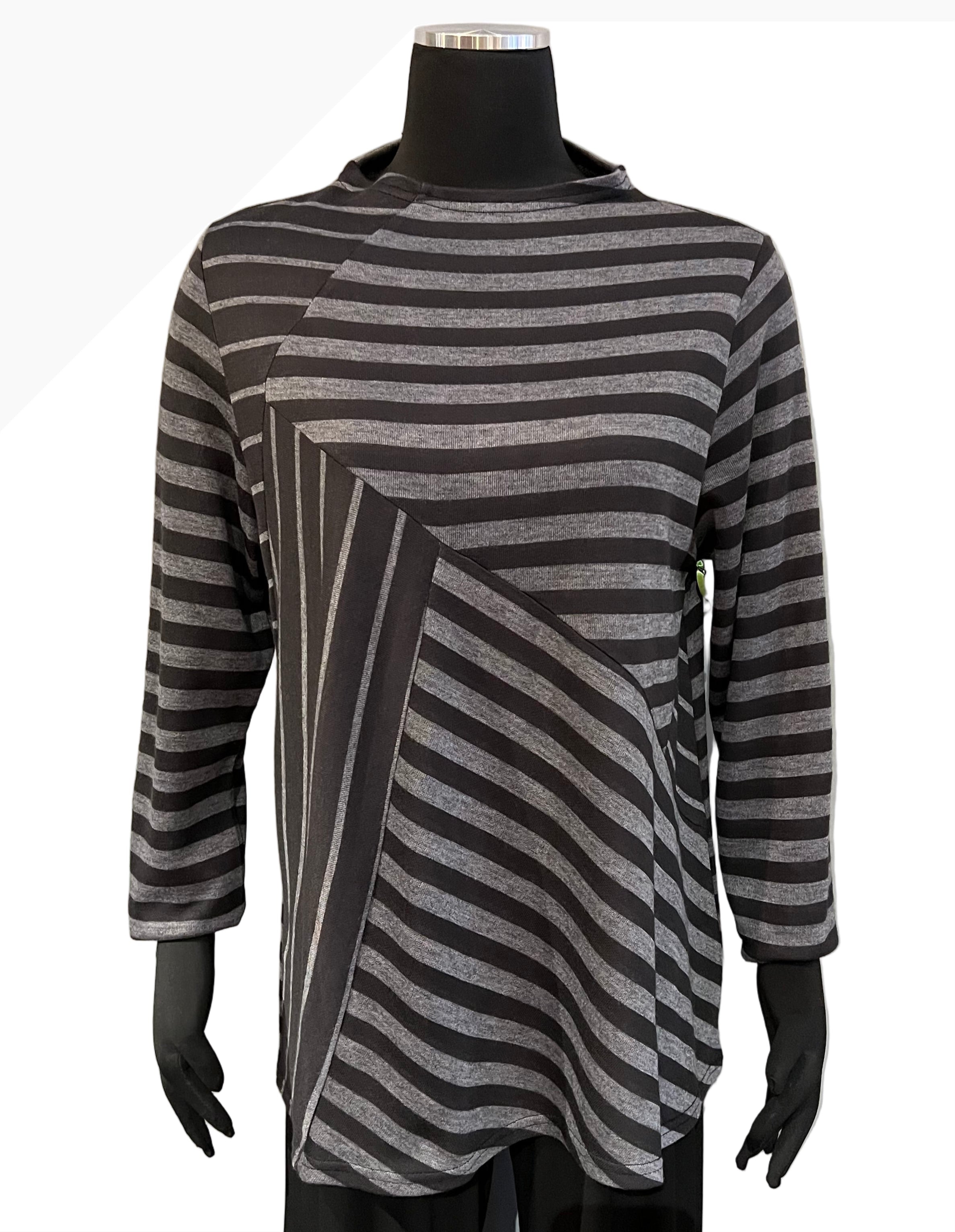 Trisha Tyler TT11938BG Black Grey Asymmetric Stripe Mock Turtleneck Top