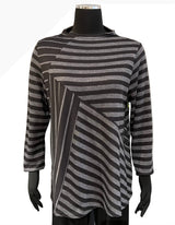 Trisha Tyler TT11938BG Black Grey Asymmetric Stripe Mock Turtleneck Top