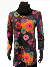 Trisha Tyler TT12006BF Multicolor Dots on Black Brushed Contrast Cowl Neck Tunic Length Sweater