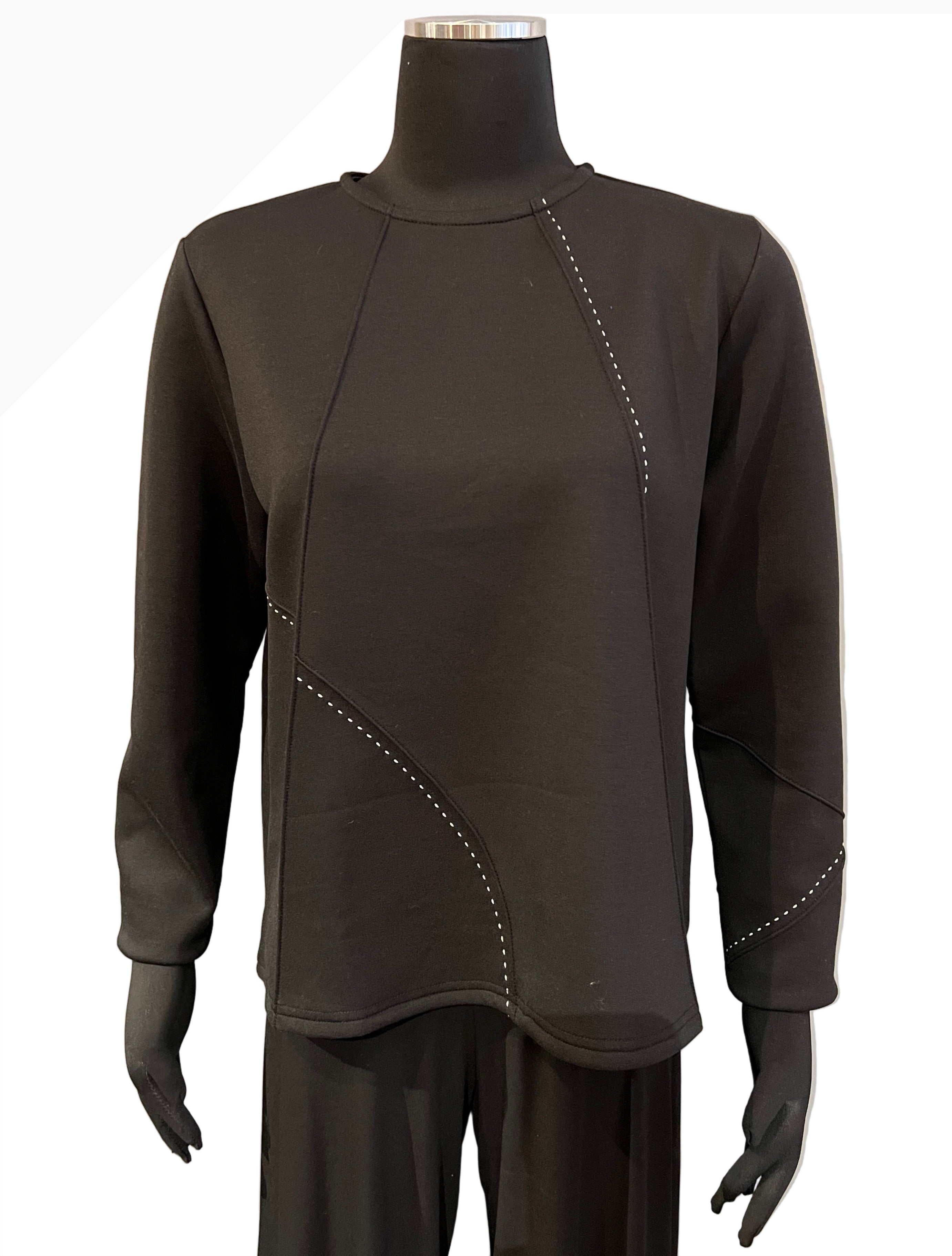 Trisha Tyler TT11986BK Black Pick Stitch Crew Neck Long Sleeve Sweater With Hi-Lo Hemline