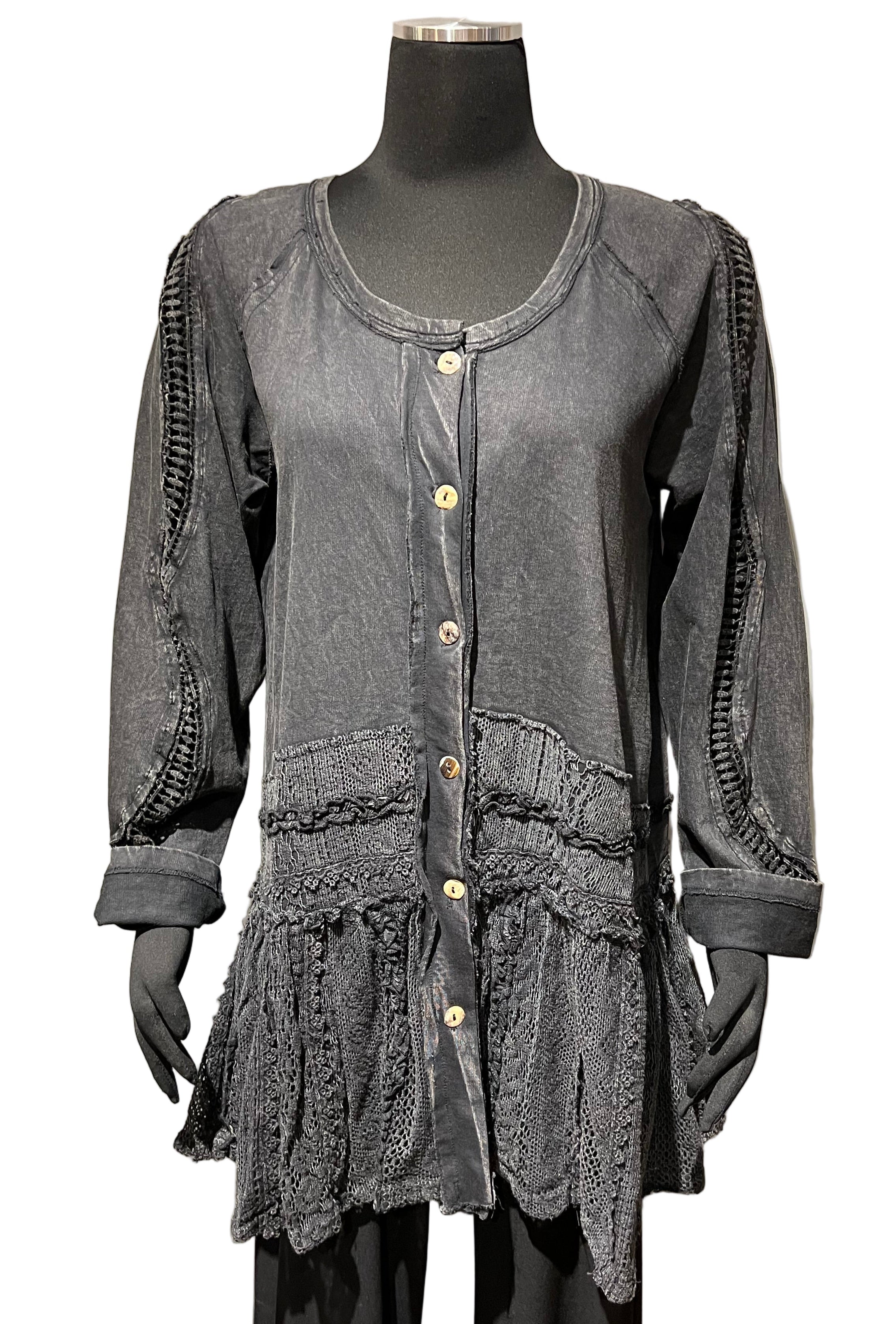 Paper Lace PLG214TB Black 100% Cotton and Lace Button Front Tunic Length Swing Blouse or Jacket
