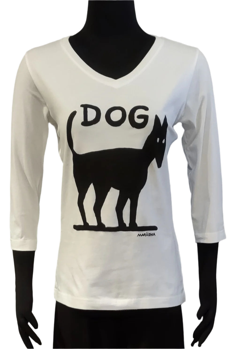 Marüshka White FOLK DOG 3/4 Sleeve Black On White T-Shirt