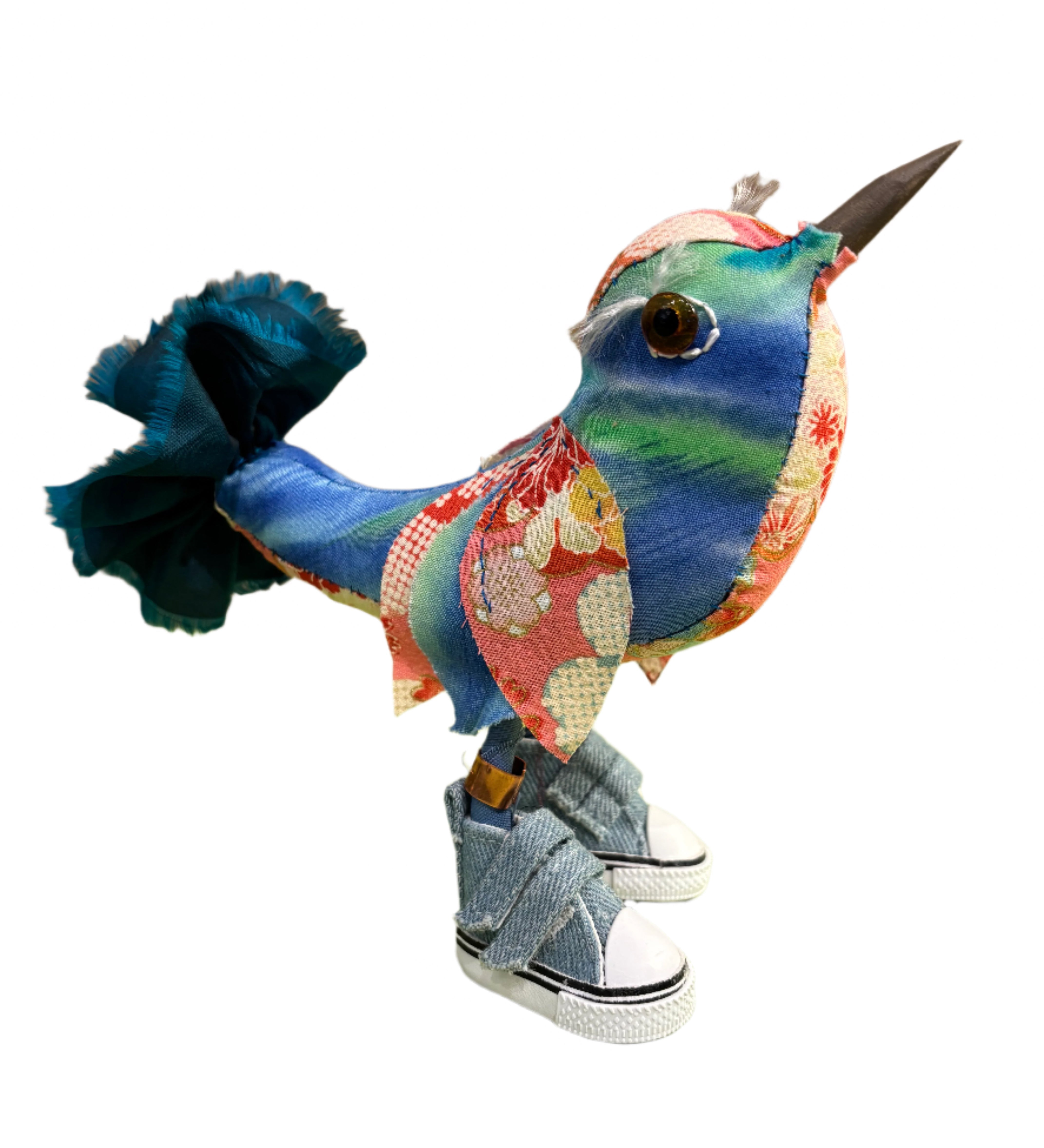 Leonor Pisano FBBO Fancy Blue Bird With Orange Floral Contrasting Fabric & Blue Sneakers Handmade Fabric Sculpture
