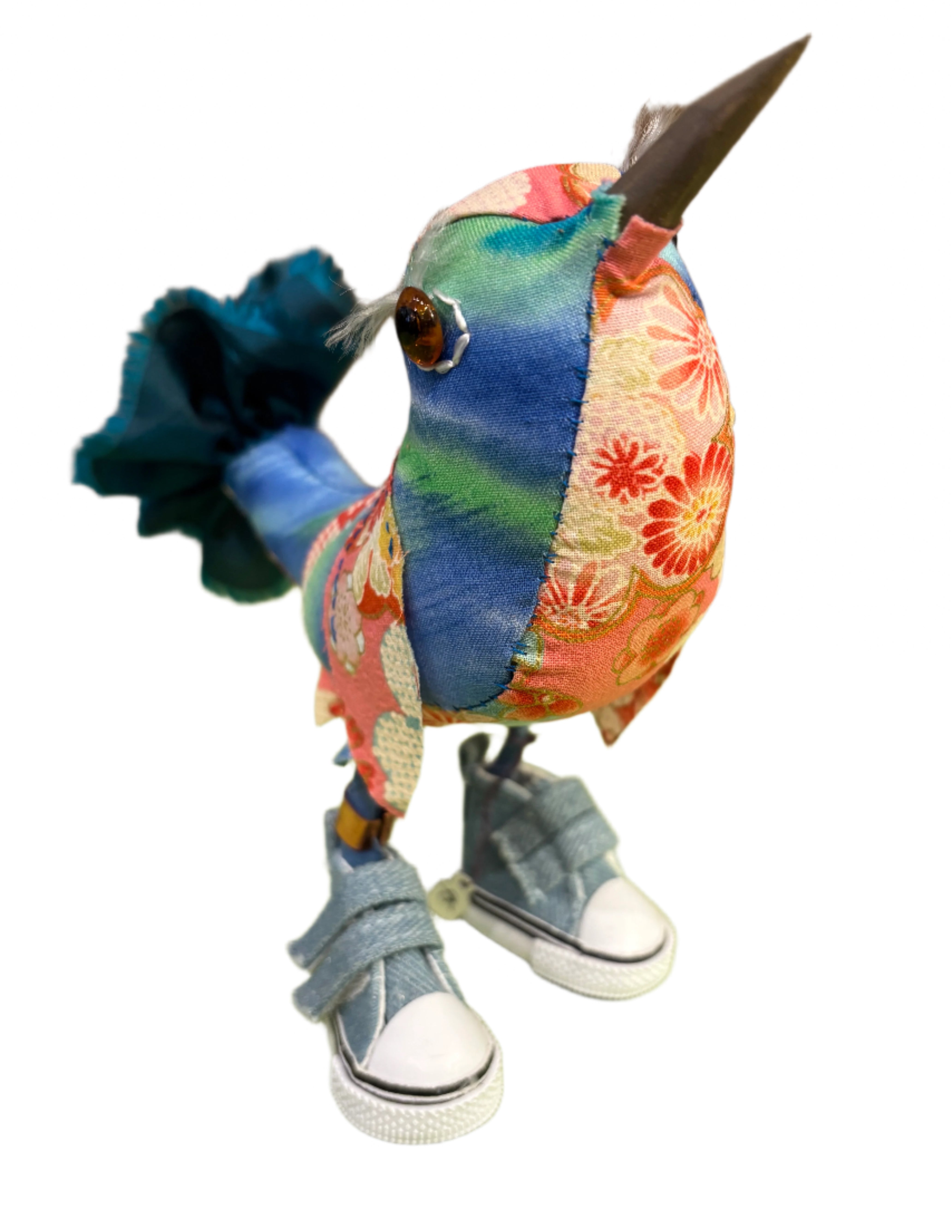 Leonor Pisano FBBO Fancy Blue Bird With Orange Floral Contrasting Fabric & Blue Sneakers Handmade Fabric Sculpture