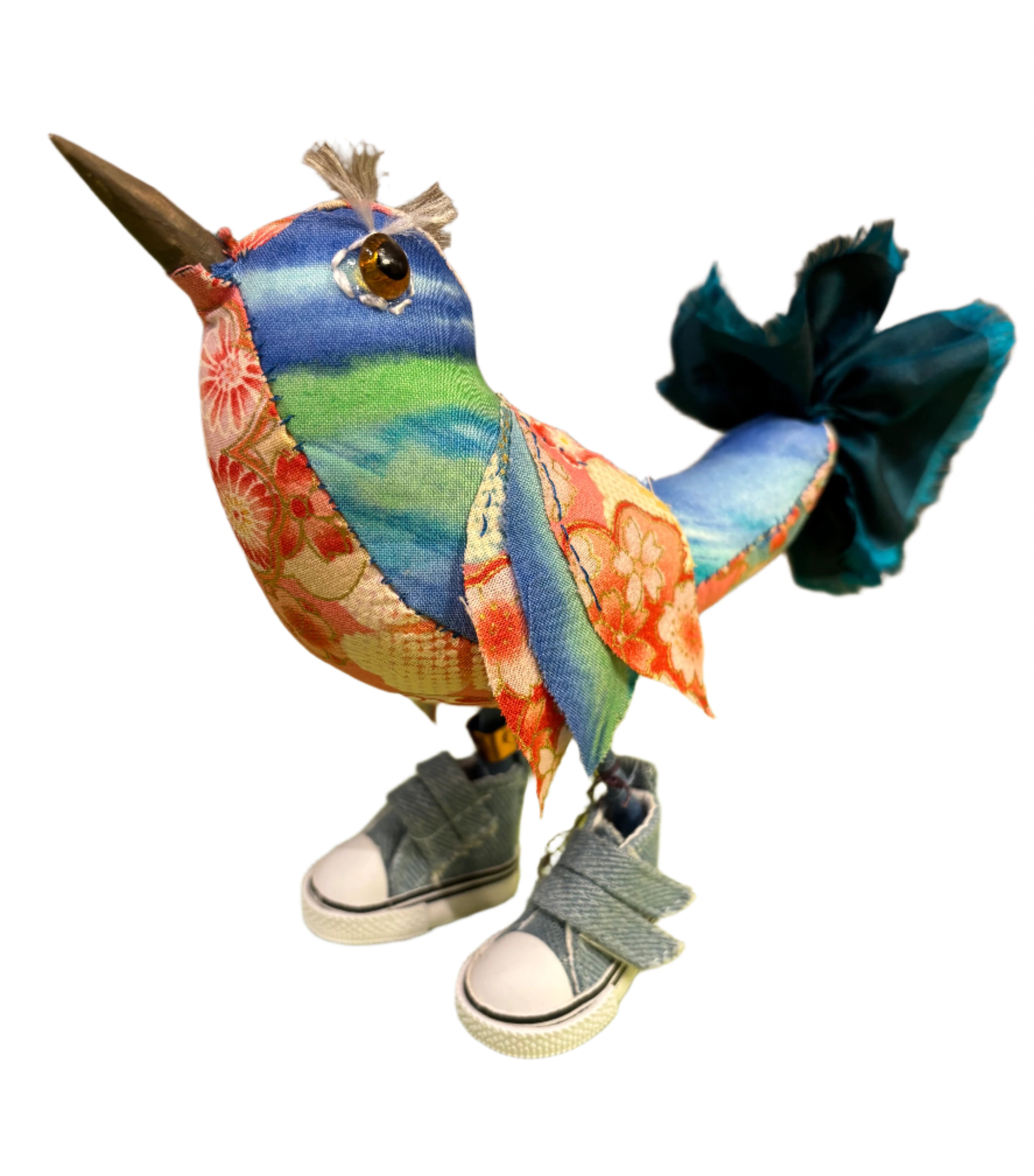 Leonor Pisano FBBO Fancy Blue Bird With Orange Floral Contrasting Fabric & Blue Sneakers Handmade Fabric Sculpture