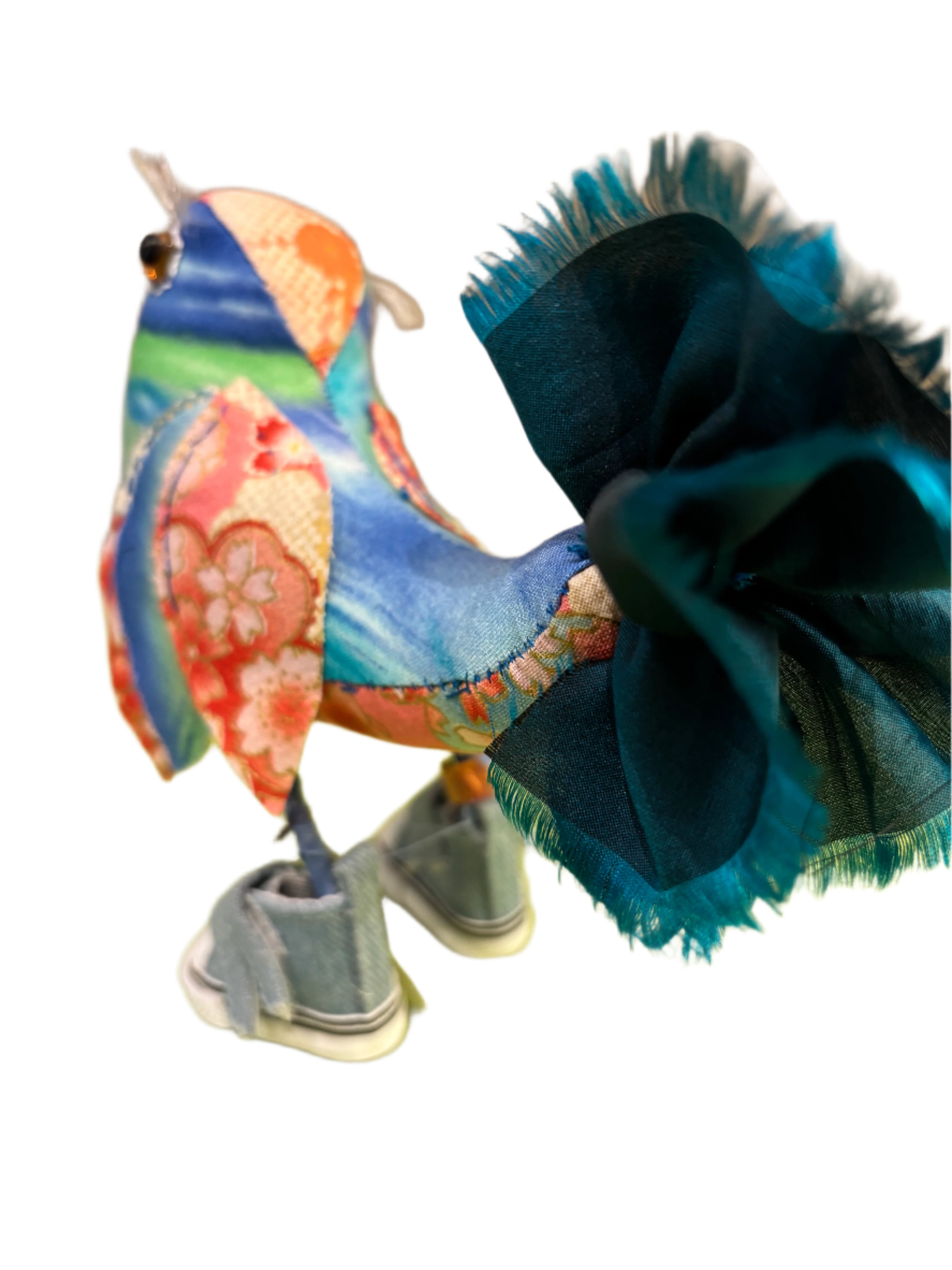 Leonor Pisano FBBO Fancy Blue Bird With Orange Floral Contrasting Fabric & Blue Sneakers Handmade Fabric Sculpture