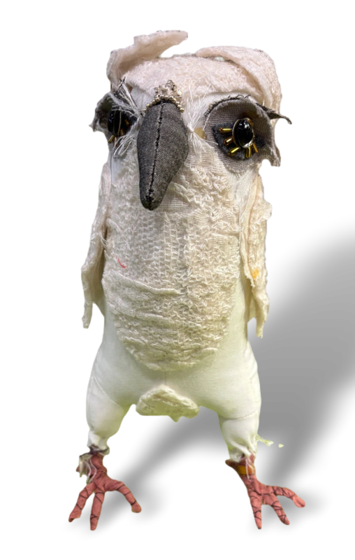 Leonor Pisano WOGB White Owl With Grey Beak & Eyes & Orange Feet Handmade Fabric Sculpture