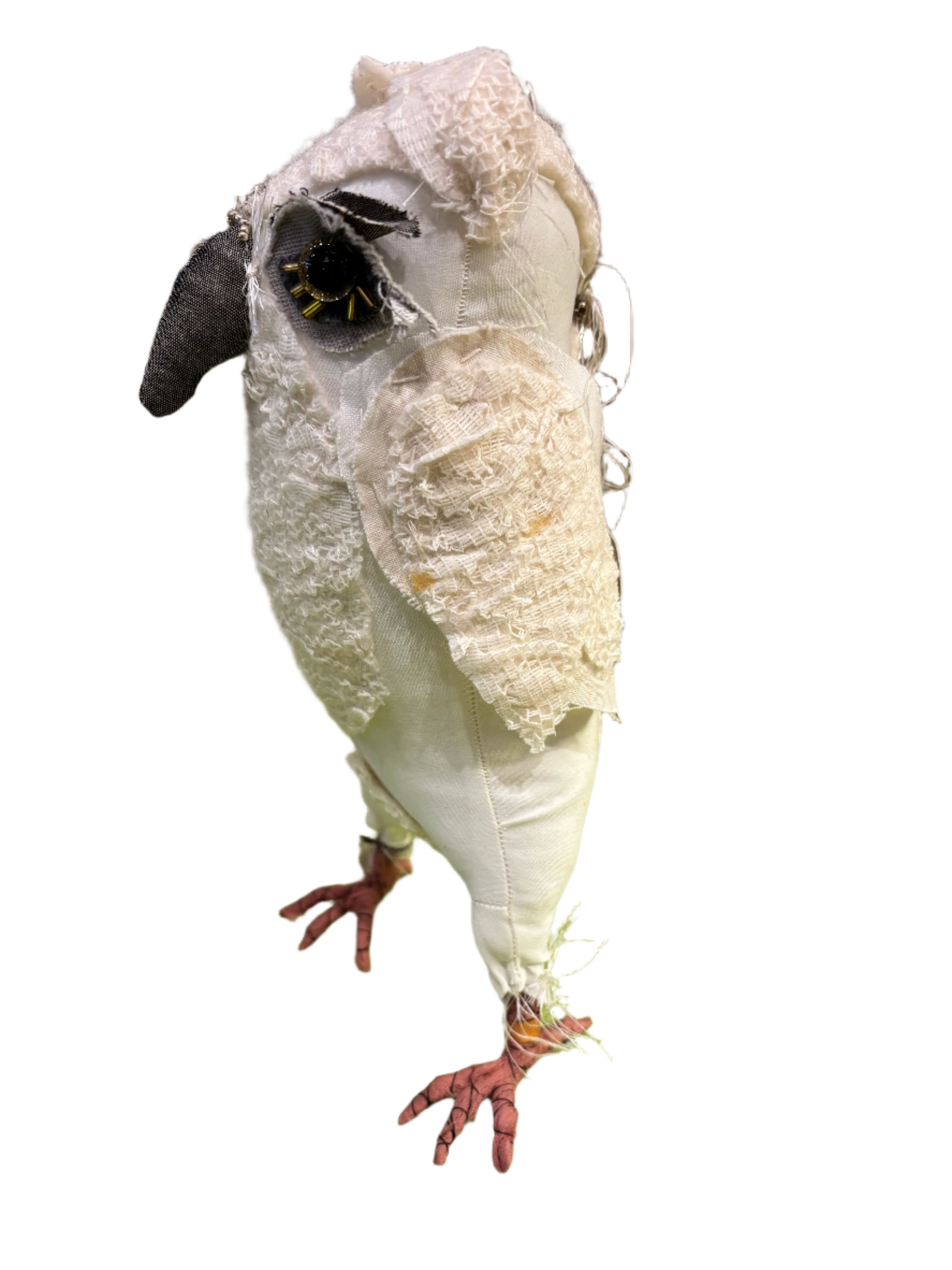 Hand made white fabric owl with grey beak and eyes and red feet