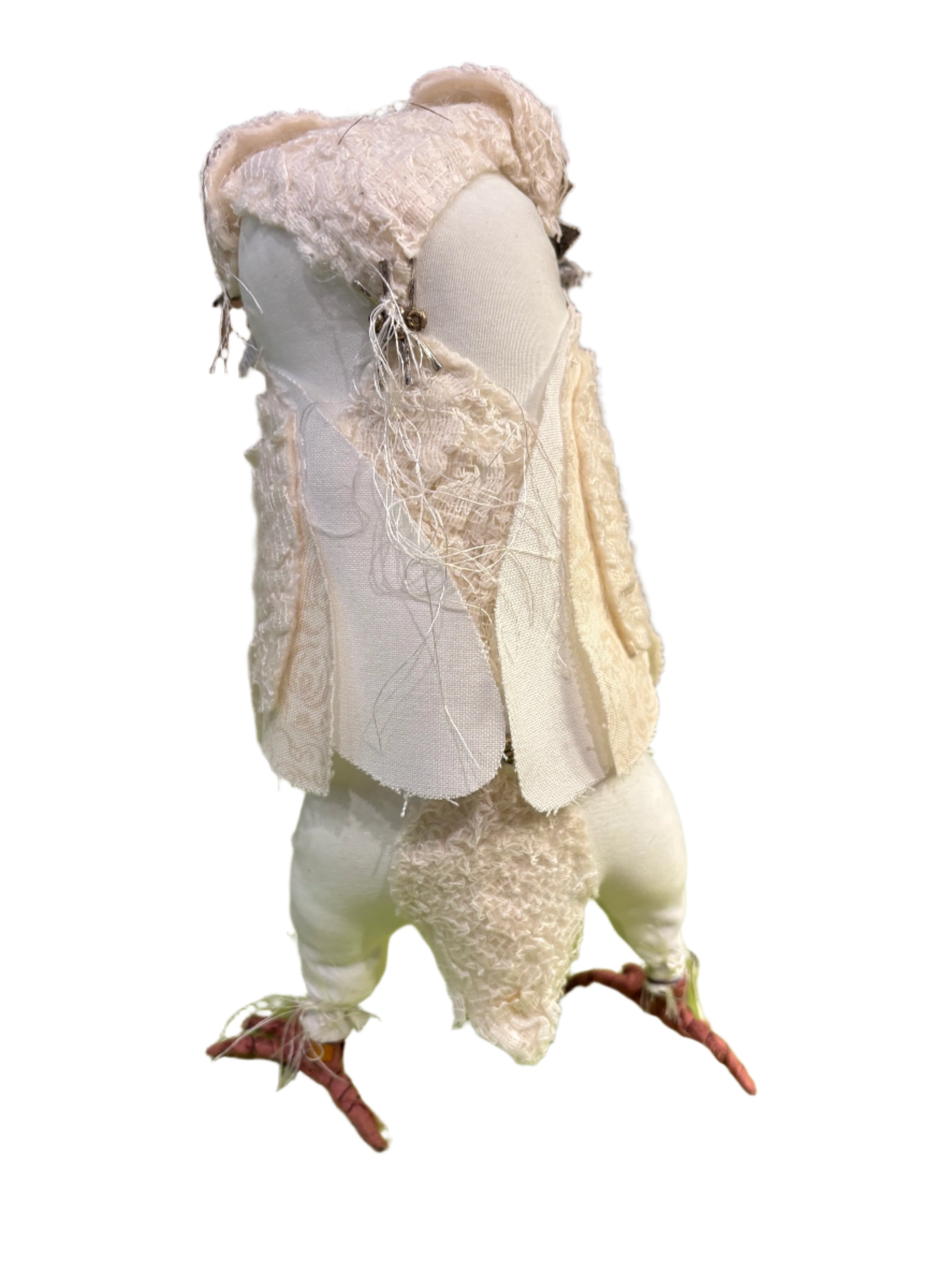 Hand made white fabric owl with grey beak and eyes and red feet