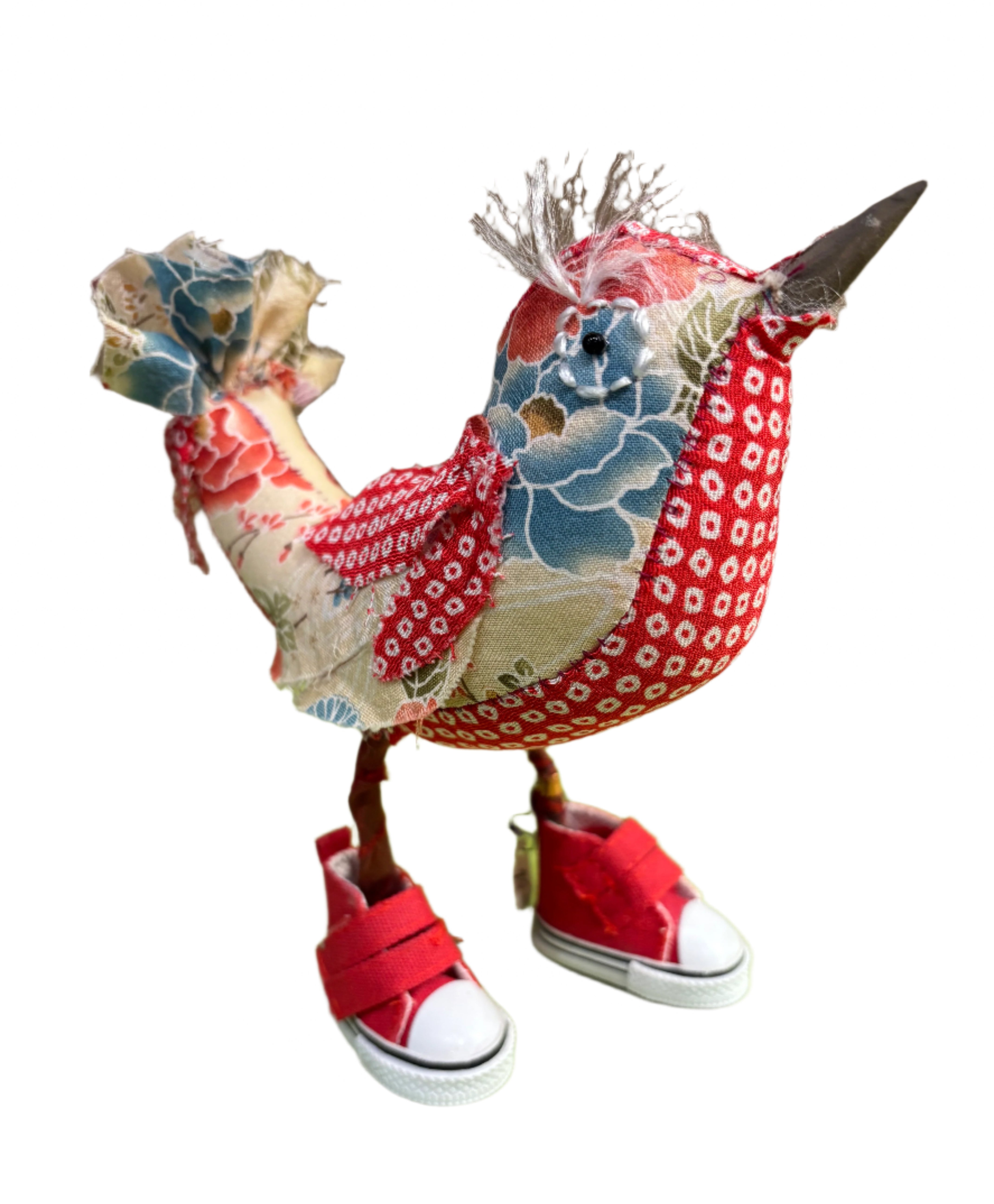 Leonor Pisano FRBRS Fancy Red Bird With Floral Contrasting Fabric & Red Sneakers Handmade Fabric Sculpture