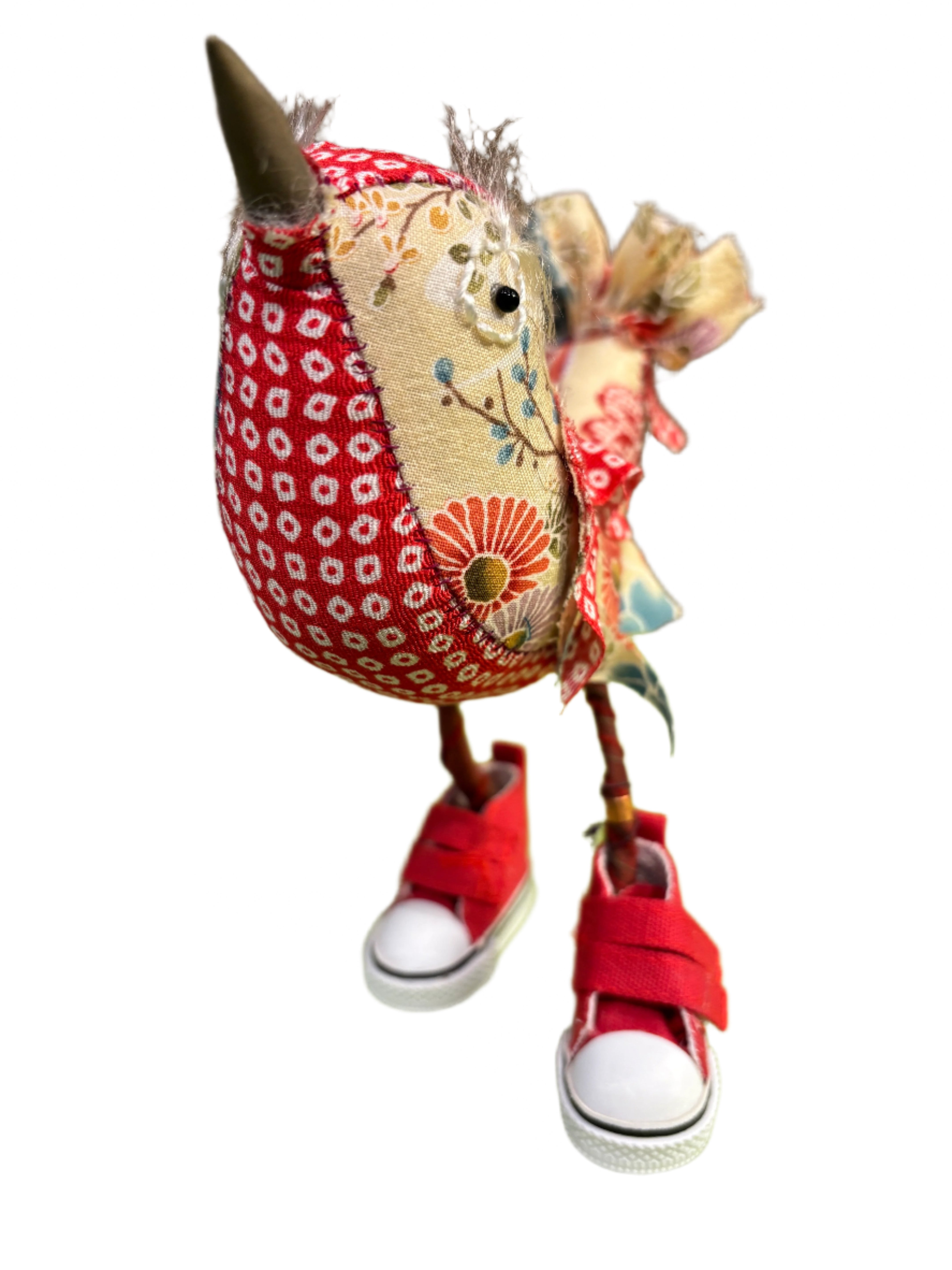 Leonor Pisano FRBRS Fancy Red Bird With Floral Contrasting Fabric & Red Sneakers Handmade Fabric Sculpture