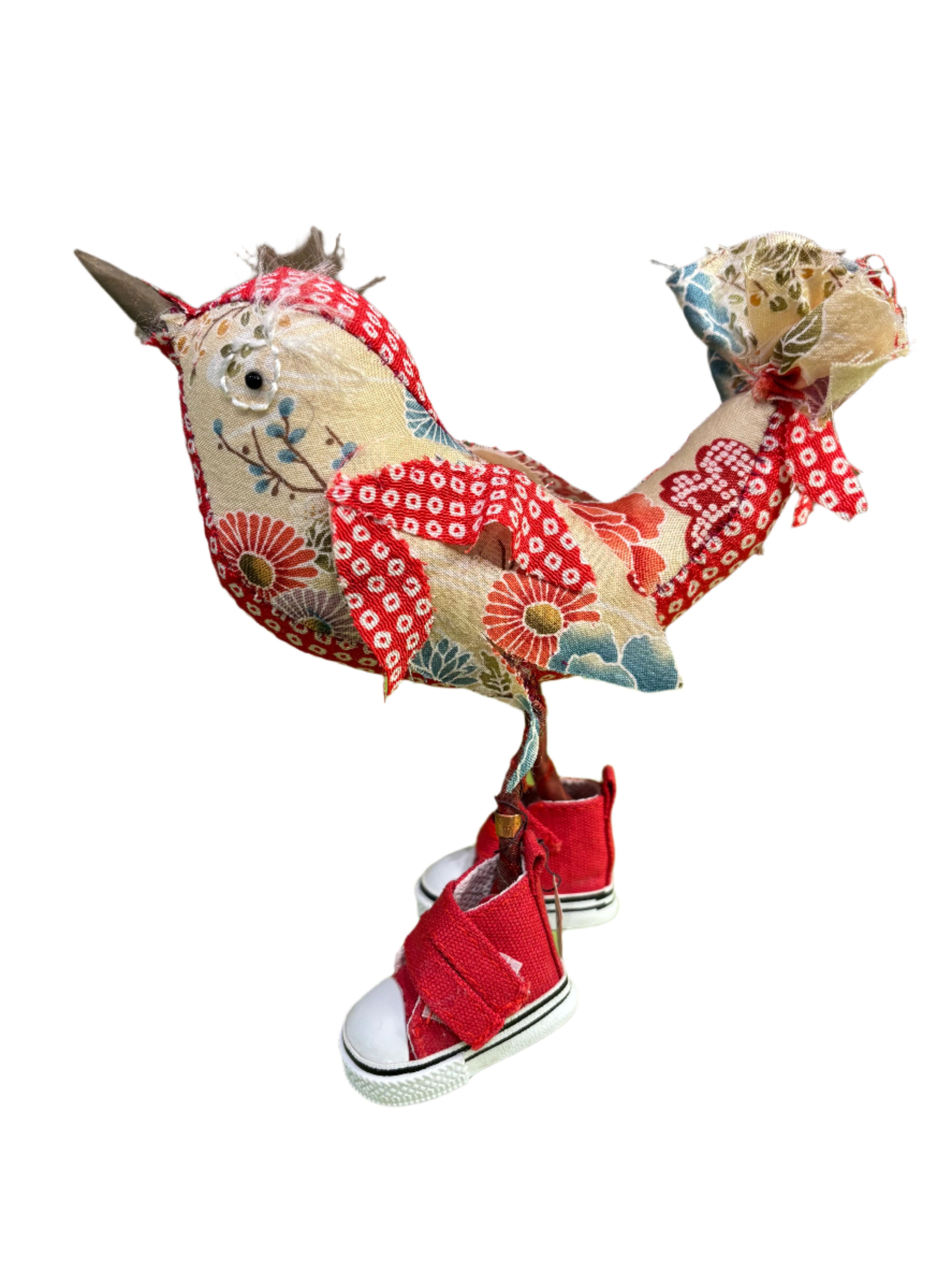 Leonor Pisano FRBRS Fancy Red Bird With Floral Contrasting Fabric & Red Sneakers Handmade Fabric Sculpture