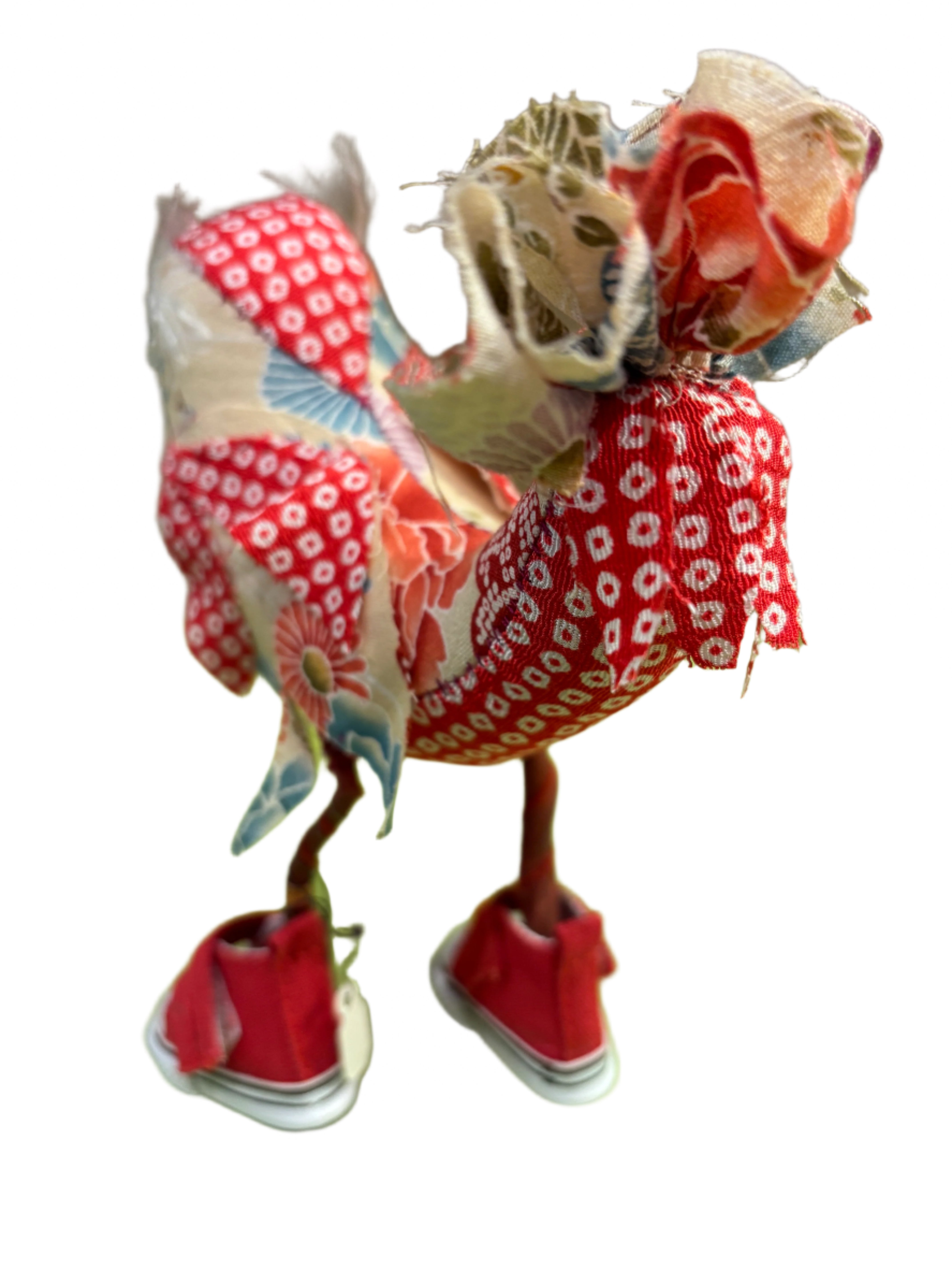 Leonor Pisano FRBRS Fancy Red Bird With Floral Contrasting Fabric & Red Sneakers Handmade Fabric Sculpture