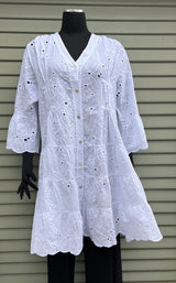 Tempo Paris 9975CCW White 100% Cotton 3/4 Sleeve V-Neck Eyelet Tiered Button Front Dress