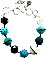 Two Son Jewelry FBSBBW BLUE BLACK WHITE Felt Ball Necklace Stainless Steel Ring Chain