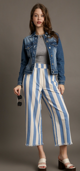 Umgee K6455BU Blue Striped Unlined Pants with Frayed Hem and Pockets