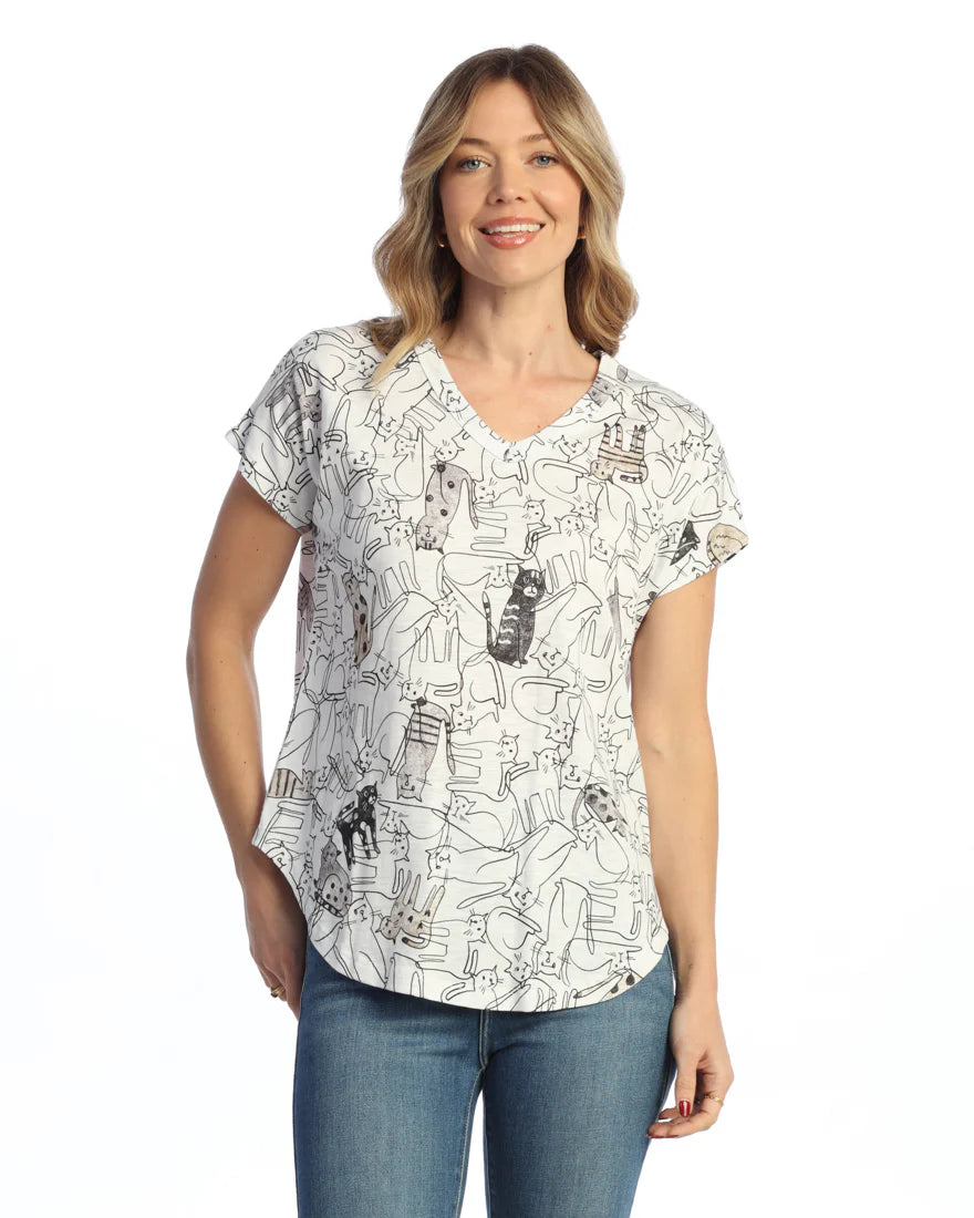 Jess & Jane KM22114 PURRFECT Cotton Modal Easy Fit Short Sleeve V-Neck Top