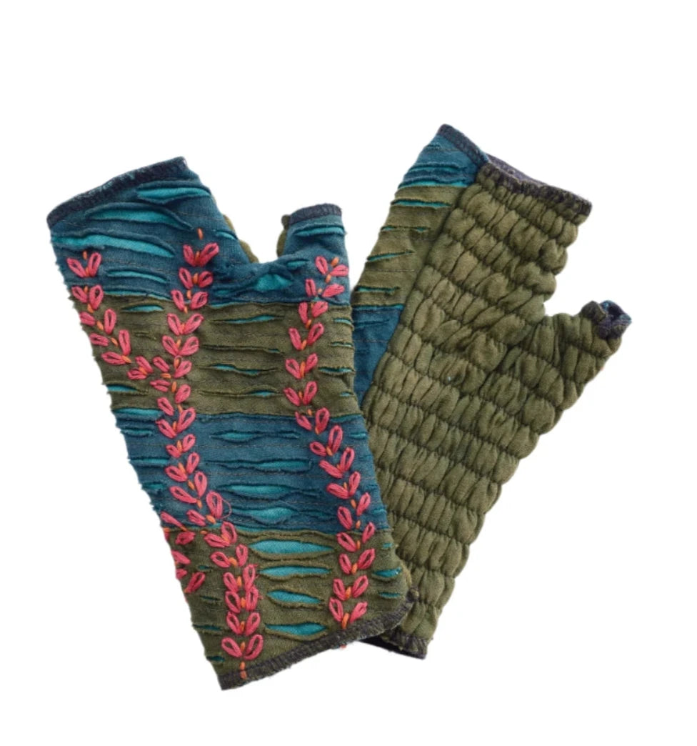 Windhorse Trading 8128GN Green Leaf Embroidered Cotton Hand Warmer Fingerless Gloves