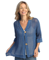 Jess & Jane M116IN Indigo Mineral Washed Flounce Hem Mesh Cardigan With 2-Button Closure