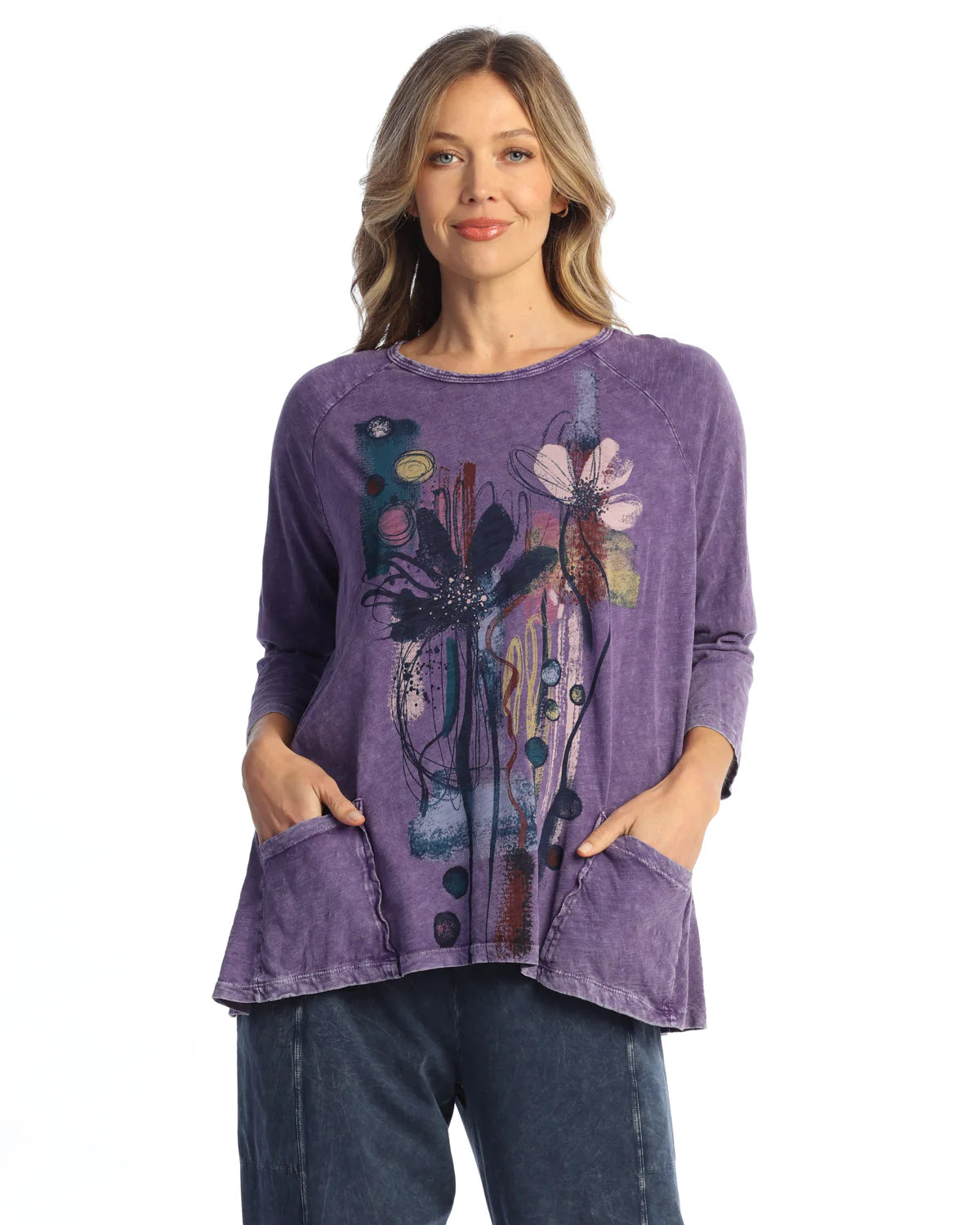 Jess & Jane M12-2153 Purple LILLIAN 100% Cotton Slub Patch Pockets Tunic Top