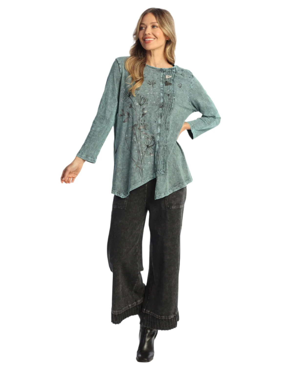 Jess & Jane M1222166 TEAL WISH Mineral Washed 100% Cotton Faux Wrap Top
