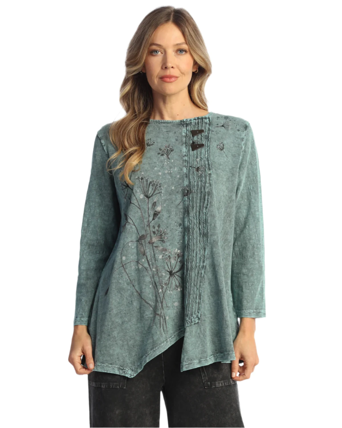 Jess & Jane M1222166 TEAL WISH Mineral Washed 100% Cotton Faux Wrap Top