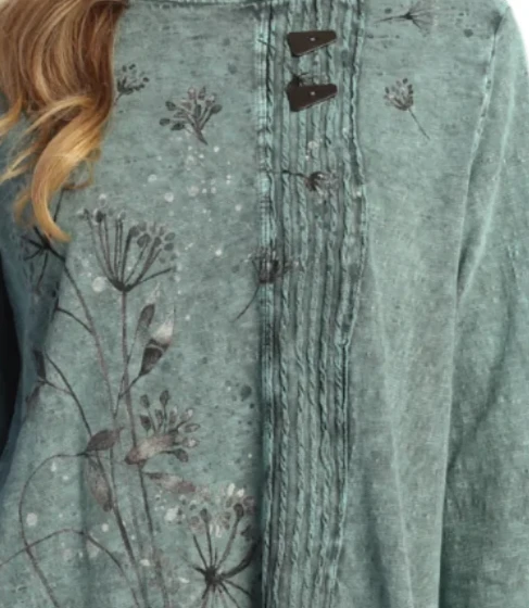 Jess & Jane M1222166 TEAL WISH Mineral Washed 100% Cotton Faux Wrap Top