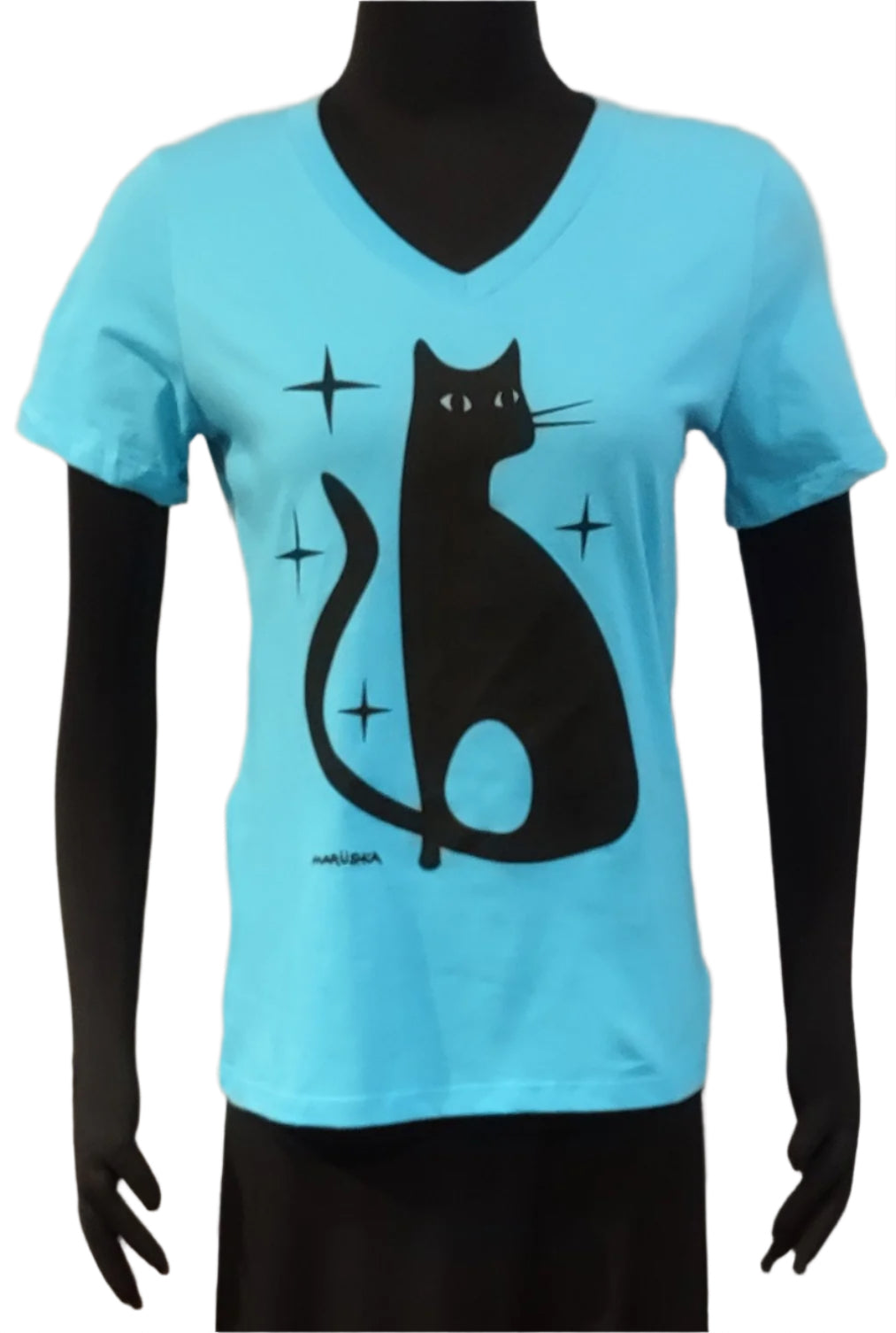 Marüshka RVN28MCAT03 MOD CAT Black on Turquoise 100% Cotton Relaxed V-Neck Short Sleeve Tee