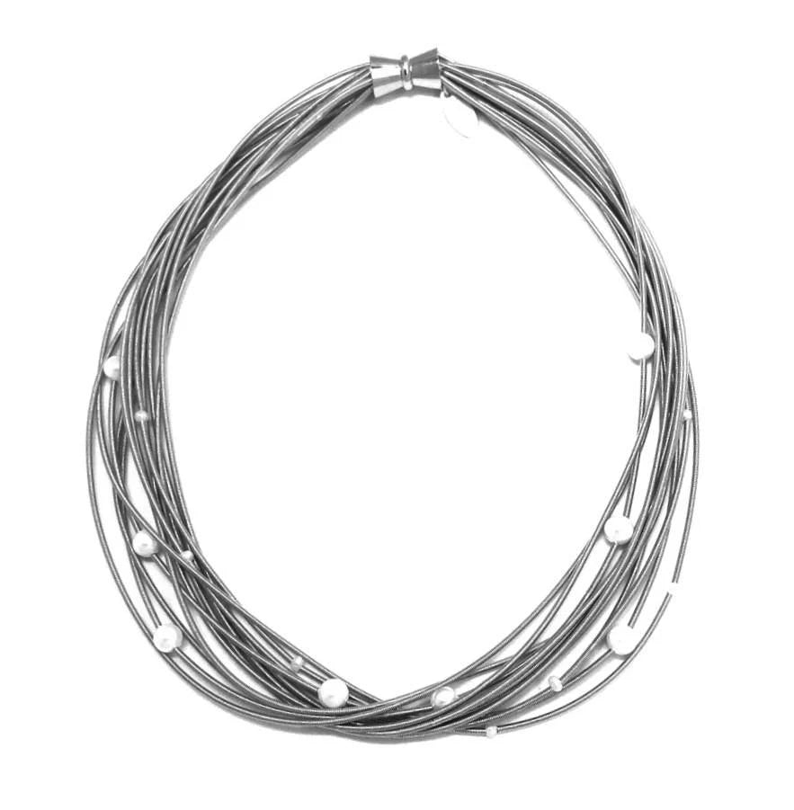Sea Lily 521 Silver Piano Wire Multi Strand Necklace with White Freshwater Pearl